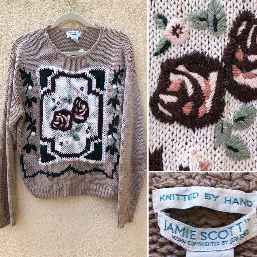 Vintage Jamie Scott knitted by hand beige sweater with flower embroidery, size M